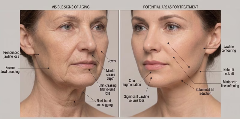 Close up of sagging skin and visible wrinkles around the jaw and neck.